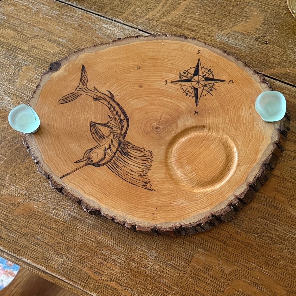 Custom made wood burned nautical swordfish food serving tray or nautical decor.